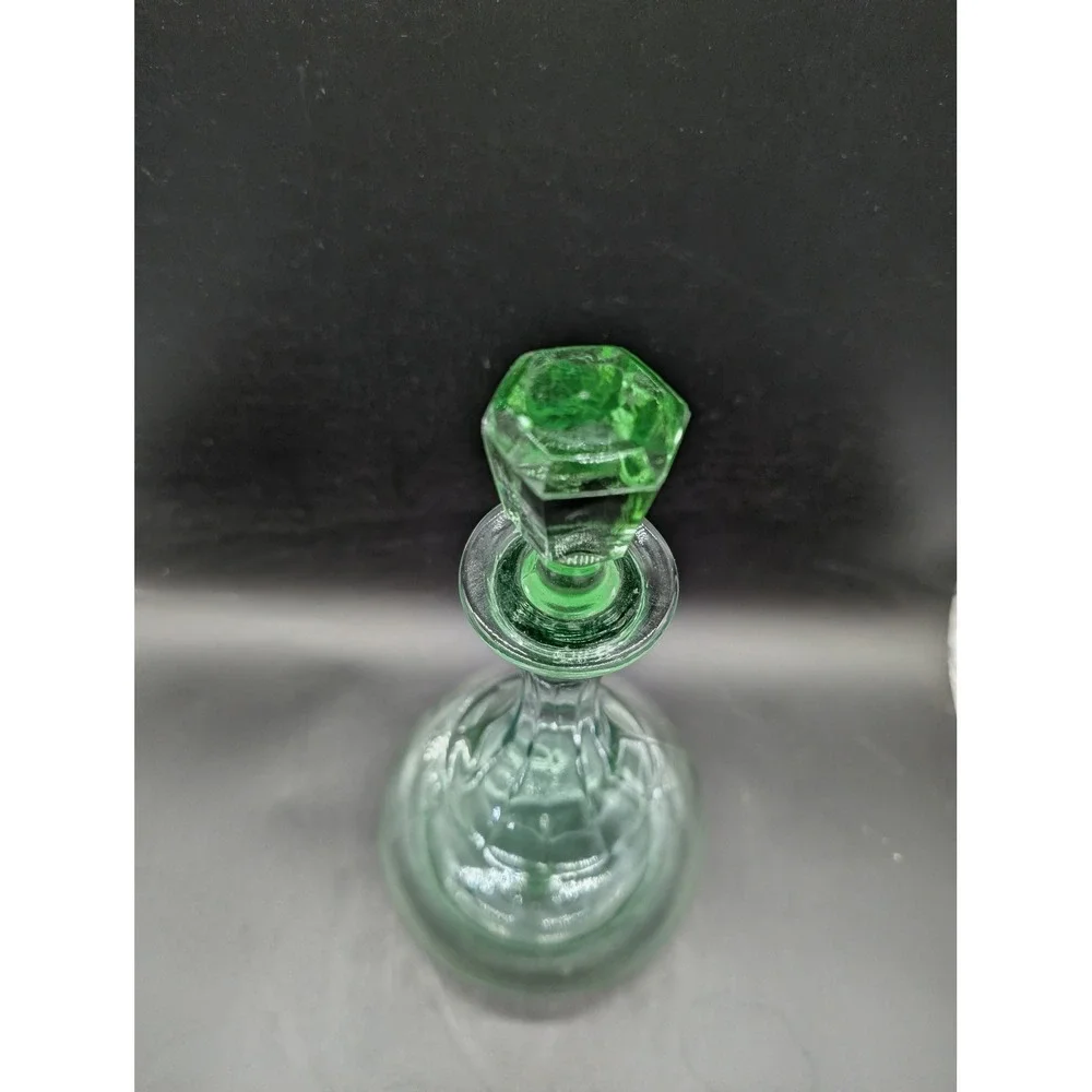 Vintage Green Glass Decanter Bell Shape Panel Optic Ribbed with Stopper MCM
